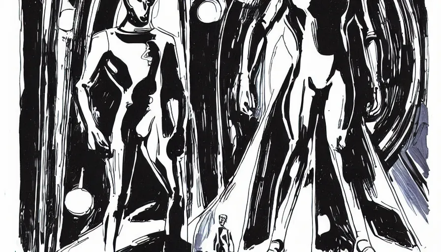 Image similar to male, elongated figure, space suit, science fiction, sketch, character sheet, very stylized, bruce timm, digital art, illustration, pen and ink, by mike mignola, by alex maleev