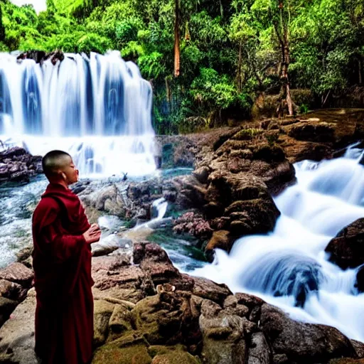 Prompt: a simply breathtaking shot of mediating monk at pongour falls in dalat, 7 layers waterfall, photographer dang ngo