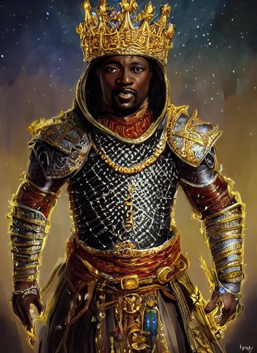 Prompt: black human king wearing a crown, gold, ultra detailed fantasy, dndbeyond, bright, colourful, realistic, dnd character portrait, full body, pathfinder, pinterest, art by ralph horsley, dnd, rpg, lotr game design fanart by concept art, behance hd, artstation, deviantart, hdr render in unreal engine 5