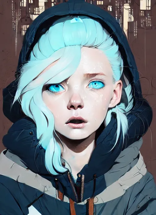 Prompt: highly detailed portrait of a sewer punk lady student, blue eyes, parka jacket, white hair by atey ghailan, by greg rutkowski, by greg tocchini, by james gilleard, by joe fenton, by kaethe butcher, gradient blue, black, brown and cyan color scheme, grunge aesthetic!!! ( ( graffiti tag wall background ) )