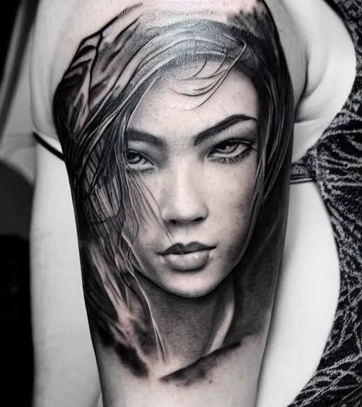 Image similar to a beautiful girl portrait, faded mountain background, realism tattoo, in the style of den yakovlev, black and white, hyper realistic, highly detailed