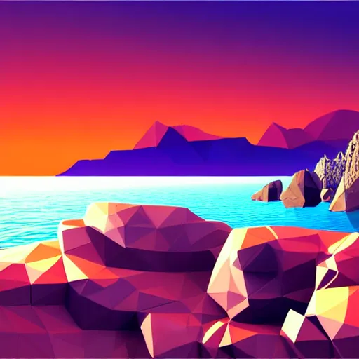 Image similar to super detailed color lowpoly art, northern sunset with rocks on front, monochrome photorealistic bay in the middle of perspective and mountains at background, big graphic vessel in the middle of composition, unreal engine, high contrast color palette, 3 d render, lowpoly, colorful, digital art, perspective, full volume composition, robb cobb, robert mccall, syd mead