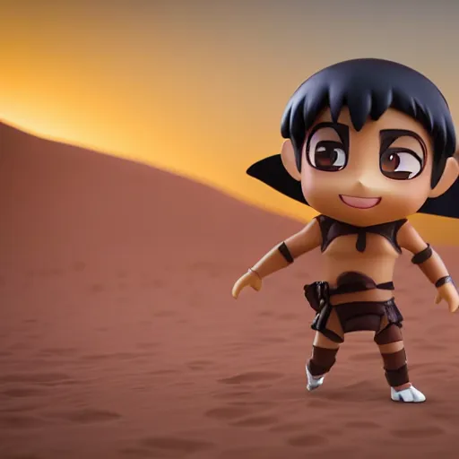 Image similar to dangerous arabian warrior as nendoroid walking in a desert in the croods movie style, anime, disney, pixar, 8 k, hd, dof, kodak film, volumetric lighting, subsurface scattering, photorealistic, octane render, details