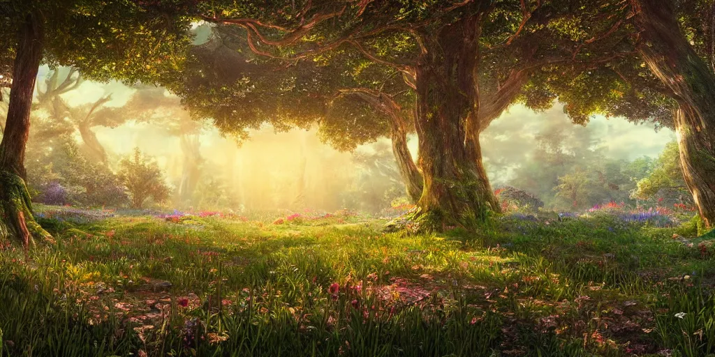 Prompt: the aesthetic view of the beautiful, grand, wistful, dreamy landscape of an open forest at dusk, hyper realistic photograph, rainbow colorful, extremely detailed, insanely intricate linework, super sharp focus, extremely bright colors, octopath traveler, studio ghibli, unreal engine 5 highly rendered, global illumination, radiant light, detailed and intricate environment