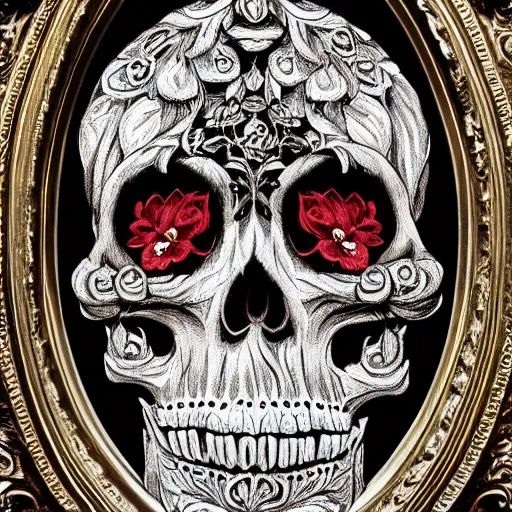 Prompt: a beautiful photo of a ornate and intricate rococo skull