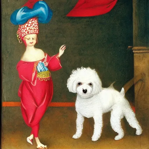 Image similar to bichon frise dog wearing a jester costume and dancing, medieval painting