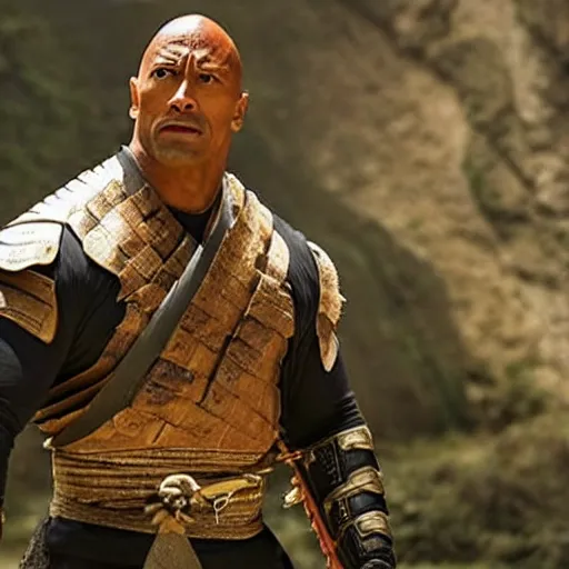 Image similar to a film still of Dwayne Johnson as samurai holding katana