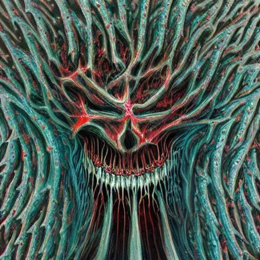 Image similar to Hyper detailed painting of a horrid fractal abomination covered in endless teeth as it devoures souls.