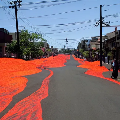 Prompt: streets filled with lava, suburban hot sunny day