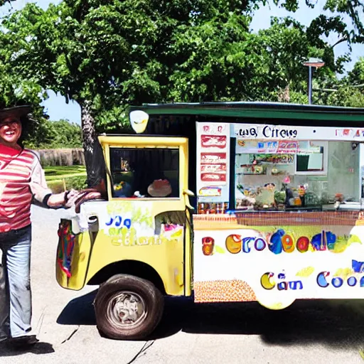 Image similar to crocodile man driving an ice cream cart