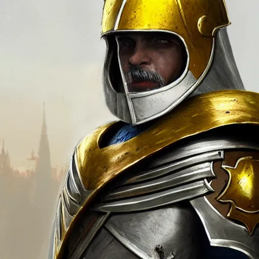 Prompt: man in decorated crusader armor, helmet and white cape with yellow kingdom of jerusalem emblem on it drawn by greg rutkowski realistic high detail