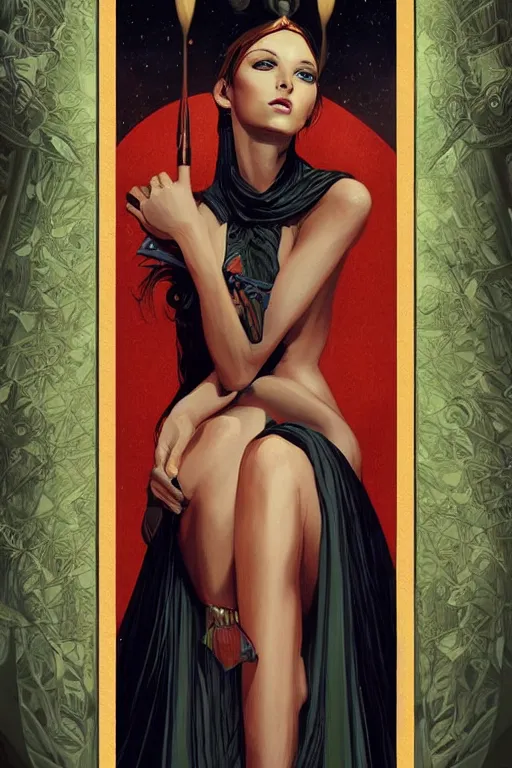 Image similar to tarot!!, high priestess, no noise, elegant, concept art, sharp focus, beautiful face!!, digital art, smooth defined outlines!!, human anatomy, human structure, vector background, by Brom, trending on Artstation, Tom Bagshaw, Sargent