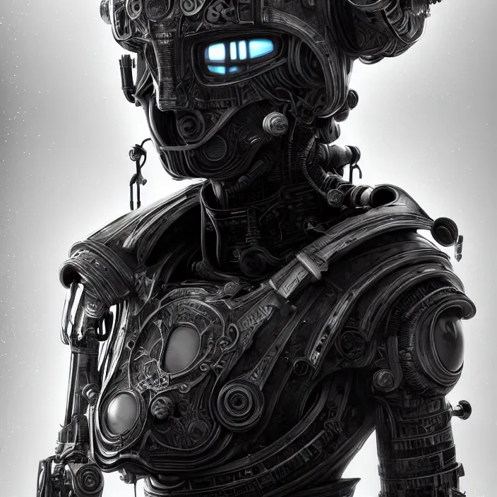 Image similar to a vertical portrait of a character in an spaceship by nihei tsutomu, black and white, dreamy, steampunk armor, highly detailed, 3 d render, vray, octane, realistic lighting