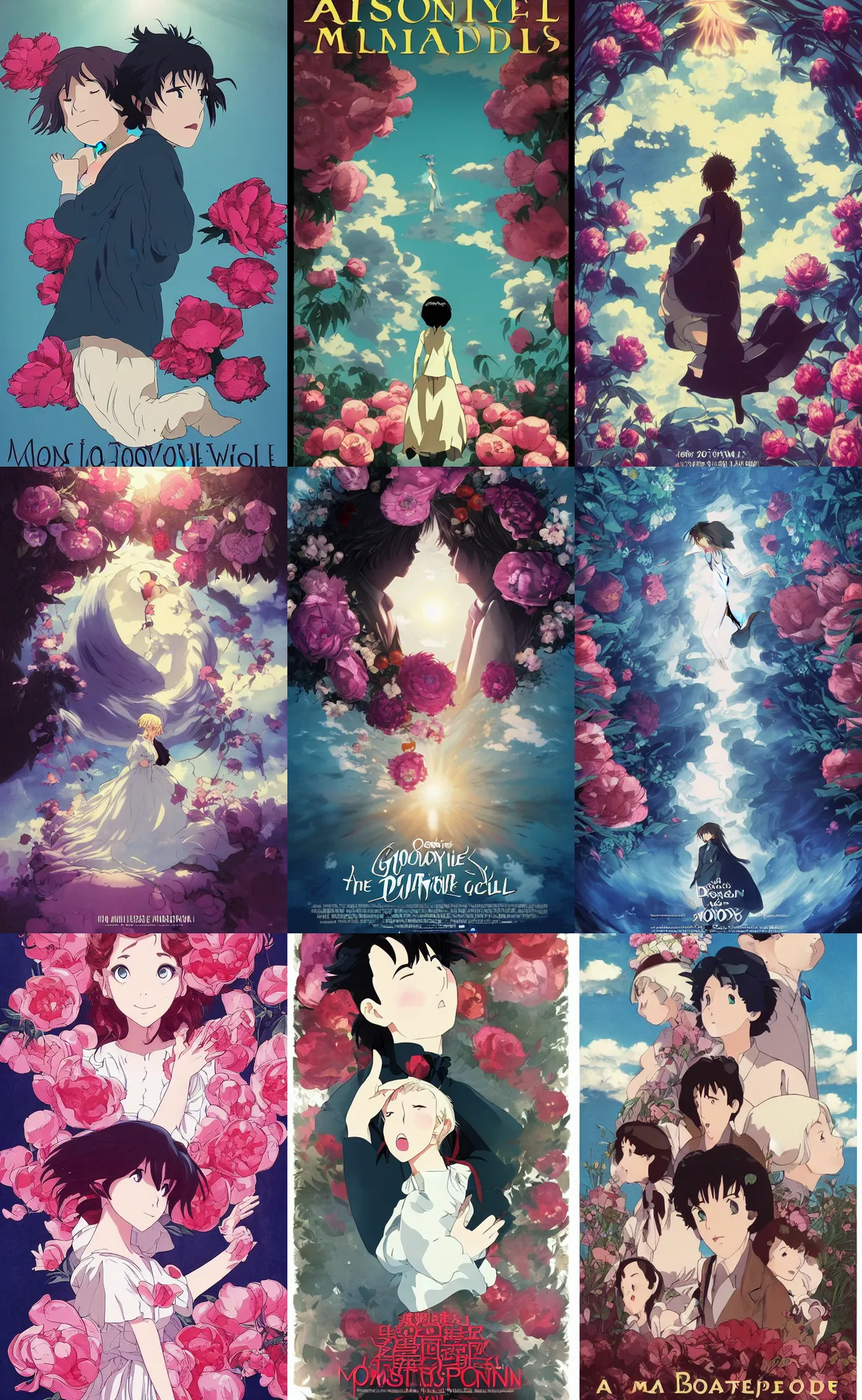 Prompt: bestselling movie poster, official media,a cinematic beautiful closeup moment of saying goodbye. Dancing slowly peonies howls moving castle, simple form, brutal shapes, shaman, pixiv, 1970s fashion, official anime media, cinematic lighting, studio ghibli, artwork by doja cat, charlie bowater, Joaquin Sorolla, john william, waterhouse ,James Jean,greg rutkowski, wong kar wai