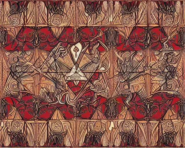 Image similar to symmetrical mural painting from the early 1 9 0 0 s in the style of art nouveau, red curtains, art nouveau design elements, art nouveau ornament, opera house architectural elements, mucha, masonic symbols, masonic lodge, joseph maria olbrich, simple, iconic, masonic art, masterpiece