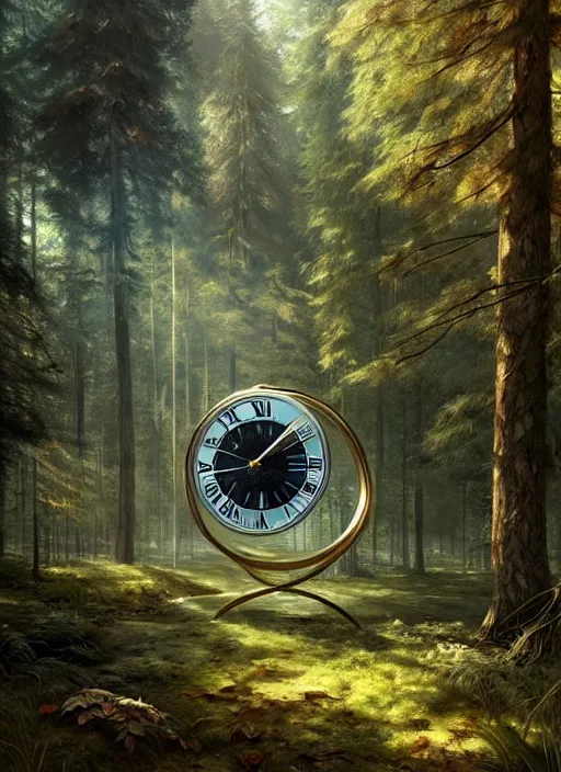 Image similar to a clock integrated in the forest environment, elegant, sharp focus, illustration, highly detailed, digital painting, concept art, matte, art by wlop and artgerm and ivan shishkin and andrey shishkin, masterpiece