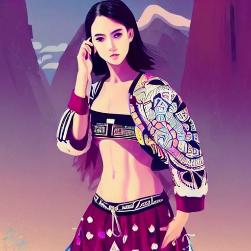 Prompt: a beautiful young japanese natalie portman alluring gravure model, stylized concept art, wearing big elaborate designer bomber jacket and one piece bikini, bomber jacket with mesoamerican patterns, mesoamerican native street fashion, princess mononoke, painted by ilya kuvshinov aesthetic, gorgeous, stunning, alluring, attractive, artstation, pinterest, digital art