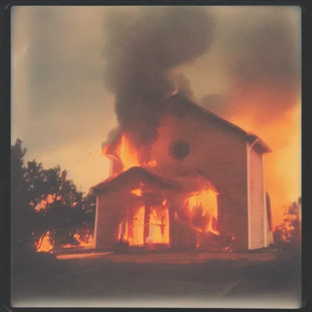 Prompt: polaroid photo of a church on fire