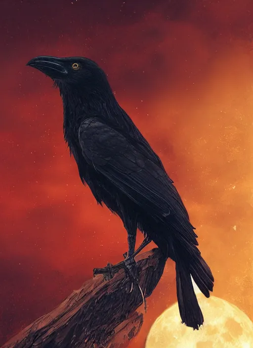 Image similar to red and golden color details, portrait, A crow with red eyes in front of the full big moon, book cover, red details, red white black colors, establishing shot, extremly high detail, foto realistic, cinematic lighting, by Yoshitaka Amano, Ruan Jia, Kentaro Miura, Artgerm, post processed, concept art, artstation, raphael lacoste, alex ross, portrait, A crow with red eyes in front of the full big moon, book cover, red roses, red white black colors, establishing shot, extremly high detail, photo-realistic, cinematic lighting, by Yoshitaka Amano, Ruan Jia, Kentaro Miura, Artgerm, post processed, concept art, artstation, raphael lacoste, alex ross