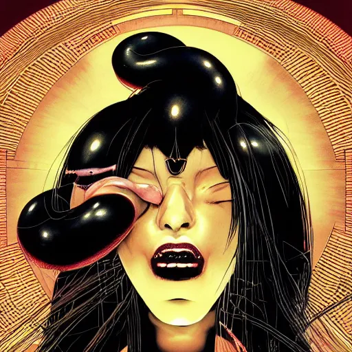 Image similar to portrait closeup of screaming black reflective glossy dark woman, sensual pose, symmetrical, glitches, snakes coming out from her mouth, by yoichi hatakenaka, masamune shirow, josan gonzales and dan mumford, ayami kojima, takato yamamoto, barclay shaw, karol bak, yukito kishiro, moebius