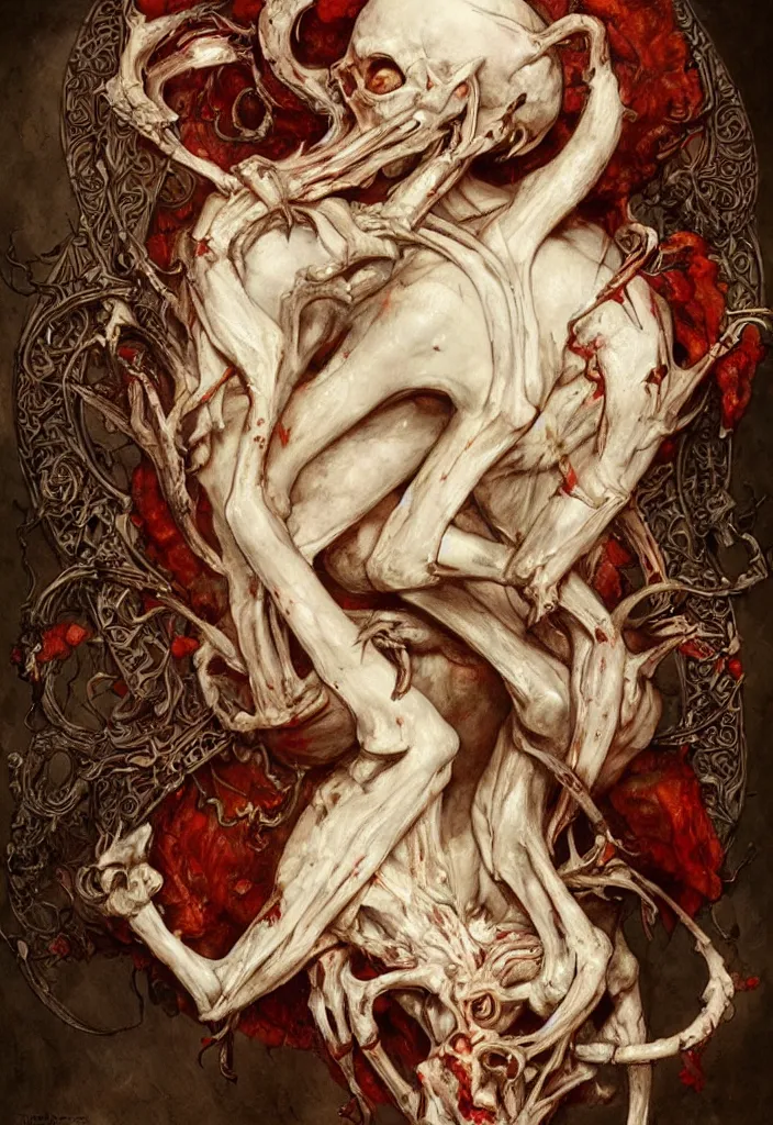 Prompt: breathtaking detailed painting of a devil angel of meat and bones, intricate art nouveau white bloody wiongs, meat and blood stained glass, rembrandt style, elegant, highly detailed, artstation, concept art, matte, sharp focus, art by tom bagshaw, and peter mohrbacher