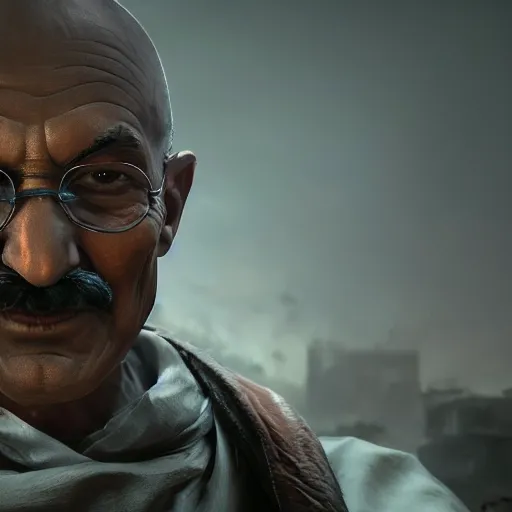 Image similar to Portrait of Mahatma Gandhi in Gears of War, splash art, movie still, cinematic lighting, dramatic, octane render, long lens, shallow depth of field, bokeh, anamorphic lens flare, 8k, hyper detailed, 35mm film grain