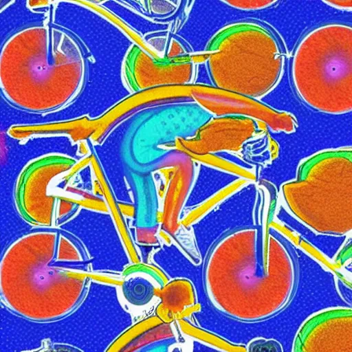 Image similar to hoffman bicycle trip, blotter art, in the style of lisa frank