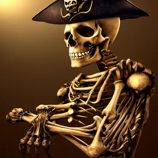 Image similar to a pirate skeleton with a pirate hat sitting in front of a laptop programming, dark room, light coming from crt monitor, highly detailed, intricate, digital art, trending on artstation, trending on cgsociety