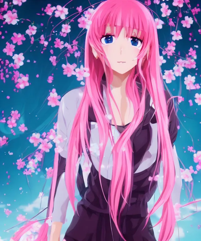 Image similar to anime girl, light pink hair with pink flames, video game, cherry blossoms, neo tokyo, portrait, perfectly symmetrical, 5 0 mm