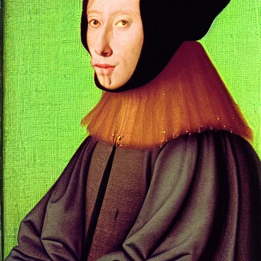 Image similar to a portrait of a person jacked into their cyberdeck by Jan van Eyck