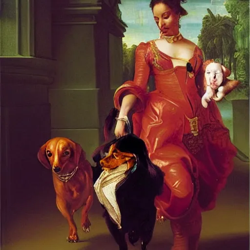 Image similar to nicki minaj walking a dachshund baroque oil painting