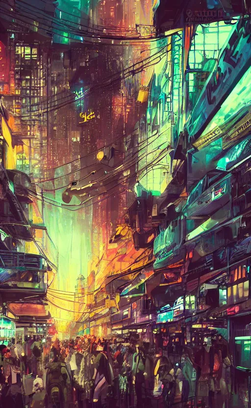 Prompt: lively futuristic sci-fi city superstructure, neon lights and illuminated windows, grungy textures and graffiti, crowds of people, cinematic street view, long sight lines with starry sky, clean 8k sci-fi illustration, trending on art station