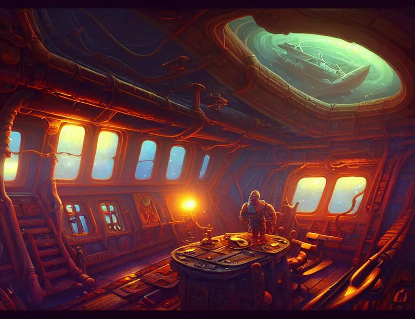 Image similar to interior view in the captain's cabin of a flying ship, d & d spelljammer fantasy art, artstation contest winner, beautiful digital painting in the style of dan mumford, art by kev chan, volumetric lighting, concept art, speedpainting, fantasypunk, deep colors, cgsociety, by gerald brom, by ruan jia, dehazed