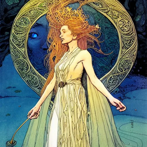 Image similar to a beautiful portrait of sanna!!!!! marin!!!!!, the young female prime minister of finland as a druidic wizard by rebecca guay, michael kaluta, charles vess and jean moebius giraud