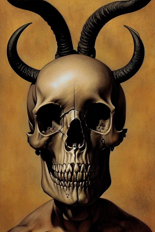 Image similar to human skull with horns and three eyes artists anatomy in the style of wayne barlowe, gustav moreau, goward, bussiere, roberto ferri, santiago caruso, luis ricardo falero, dali