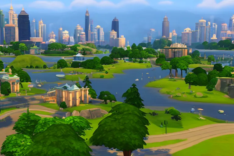 Image similar to serene landscape with a city on the Background in the style of Sims 4