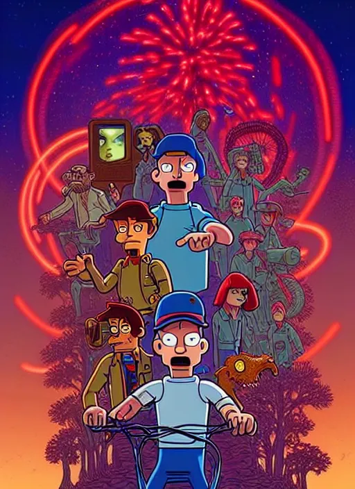 Image similar to scene from the animated version of Futurama Stranger Things with Jim Hopper and Demogorgon, cartoon, detailed faces, high resolution, hyper detailed, intricate, illustrated, dramatic lighting, illustration, concept art, smooth, sharp focus, art by Alphonse Mucha and Matt Groening !n-9