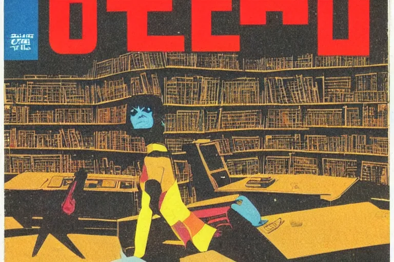 Prompt: 1979 OMNI Magazine Cover depicting a sunlit library. Cyberpunk Akira style by Vincent Di Fate