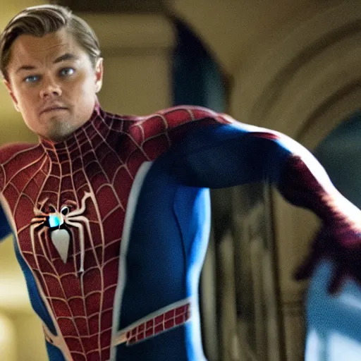 Prompt: leonardo dicaprio as spiderman, film still