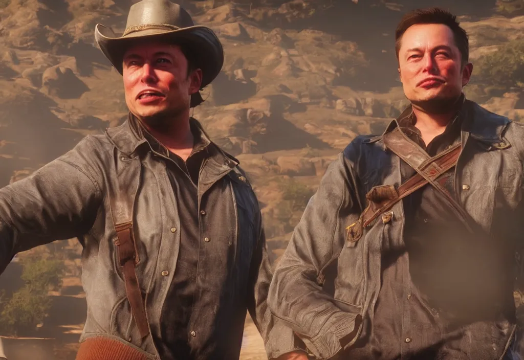 Image similar to elon musk in the red dead redemption 2, elon musk in the video game red dead redemption 2, gameplay screenshot, close up, 3 d rendering. unreal engine. amazing likeness. very detailed.