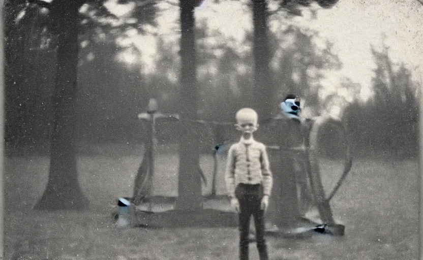 Image similar to a old daguerreotype photo of the slender man, standing still, waiting next to a merry go round in a kids park, grainy, old photo, golden ratio, scary, horror photography, 5 0 mm lens, f 1. 8