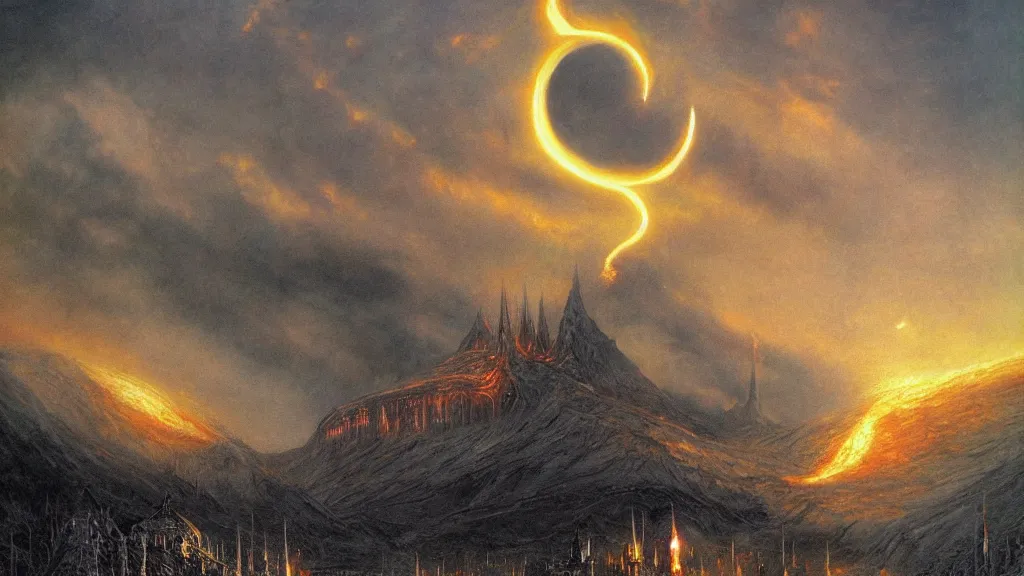 Prompt: morder, flaming eye of sauron in the dark clouds above. by alan lee, intricate, lord of the rings calendar, smooth, detailed terrain, oil painting, trending artstation, concept art, matte painting