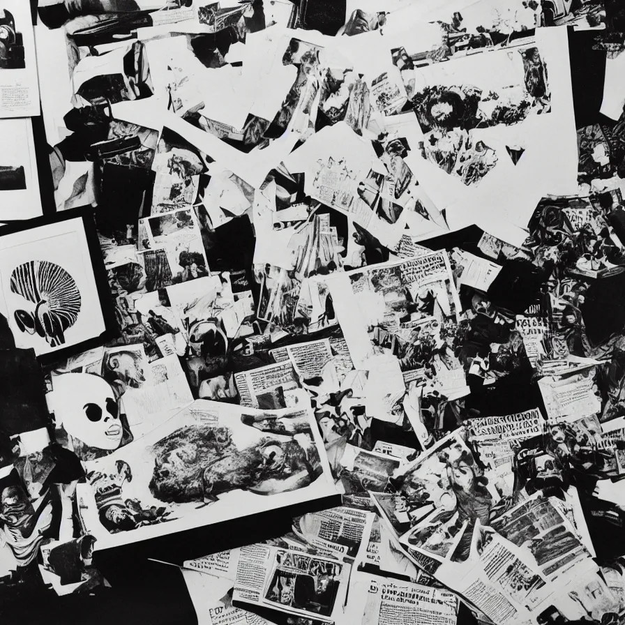 Image similar to A black and white photography of an exhibition space with objects of Sun Ra, Marcel Duchamp and tropical plants, 60s, offset lithography print, newspaper, detail, nature morte