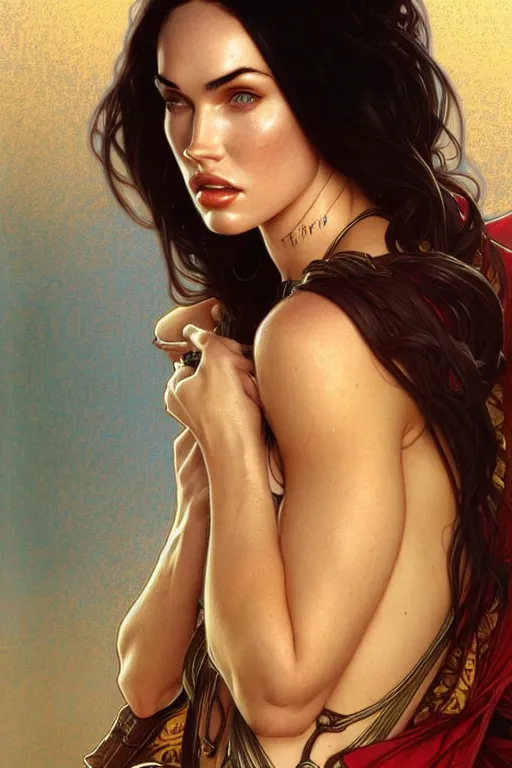 Prompt: portrait of megan fox kissing other woman, intricate, headshot, highly detailed, digital painting, artstation, concept art, sharp focus, cinematic lighting, illustration, art by artgerm and greg rutkowski, alphonse mucha, cgsociety