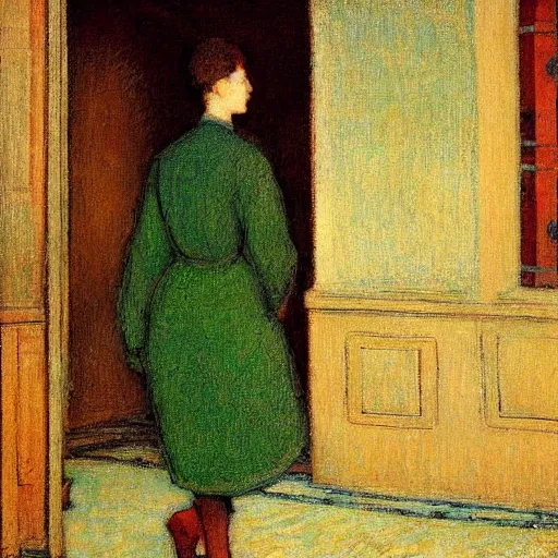 Prompt: the painting is of a person walking towards a building, an ultrafine detailed painting by edouard vuillard, flickr, synthetism, pre - raphaelite, fresco, matte drawing