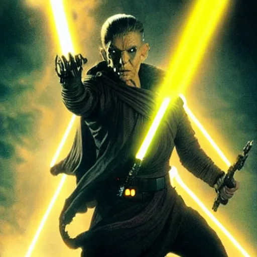 Image similar to evil mutant corrupted rey, using the force to kill, sith lord, dark side, cinematic movie image, both hands raised to use the force, yellow eyes, hd star wars photo