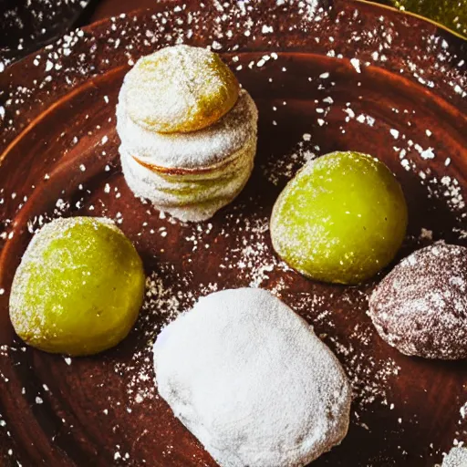 Image similar to powdered donuts stuffed with sliced pickles on an ornate table, high resolution photograph, romantic lighting