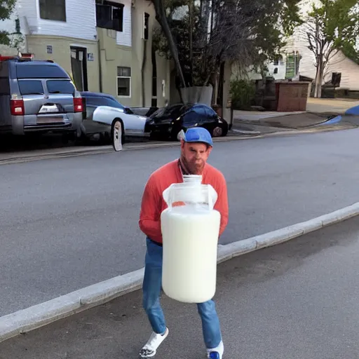 Image similar to white man walking down the street with a gallon of milk