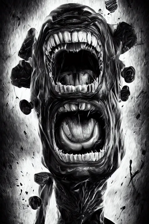 Image similar to his endless screaming makes his own mind eat him up, abstract, surrealism, black and white, artstation, deviantart, pinterest, 8 k