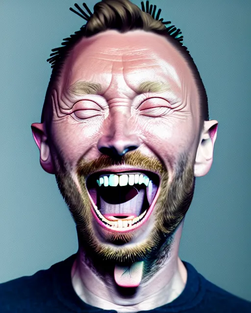 Prompt: a biomorphic portrait of thom yorke laughing, 4 k, octane high quality render